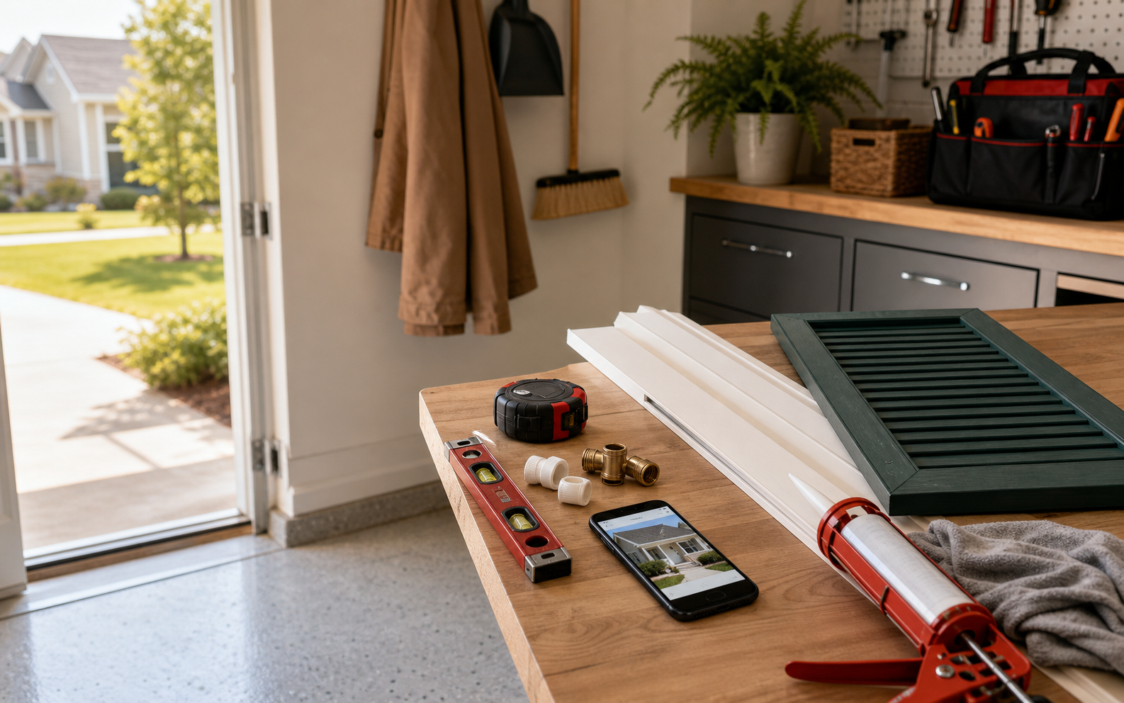 Trim boards, repair tools, and project notes staged for a home repair request